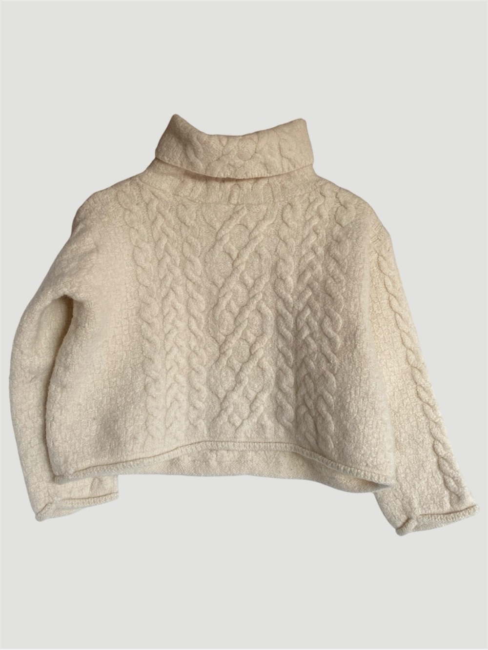 Inis Crafts 100% Irish Merino Wool Crop Cream Boxy Cable-Knit Turtleneck Sweater